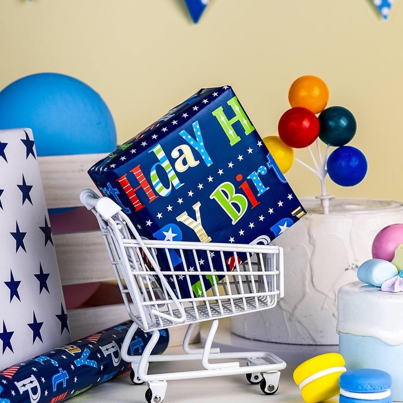 MAYPLUSS Happy Birthday Wrapping Paper Roll - 17 Inch X 16.5 Feet - Metallic Navy Blue Star Birthday Gift Wrapping Paper for Men, Boy, Baby Shower, Holiday - Image 3